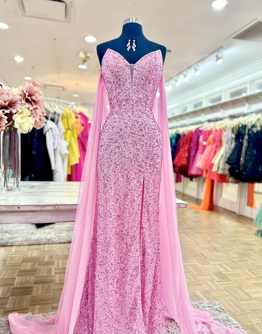 Berlinnova Women Sparkly Pink Sequin Long Prom Dress with Slit Sweetheart Mermaid Pageant Dress with Cape
