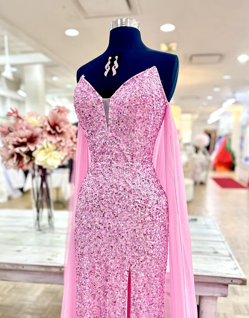 Sparkly Pink Mermaid Sequin Sweetheart Long Prom Dress with Slit