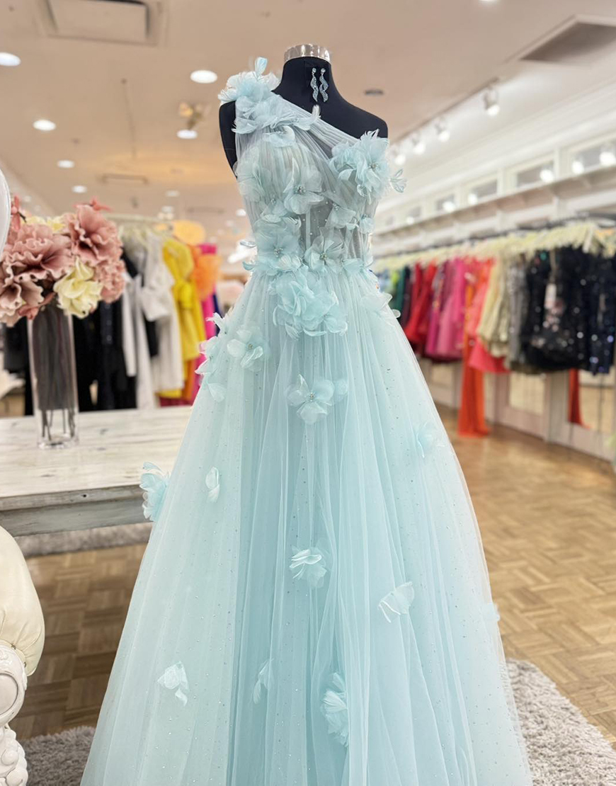 Sparkly Light Green Corset One Shoulder Long Prom Dress with 3D Flowers