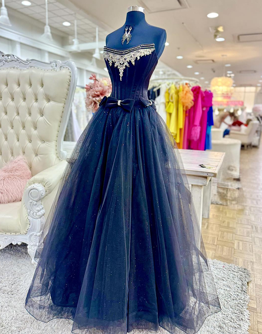 Glitter Black Corset Beaded Tulle Long A-Line Prom Dress with Bows