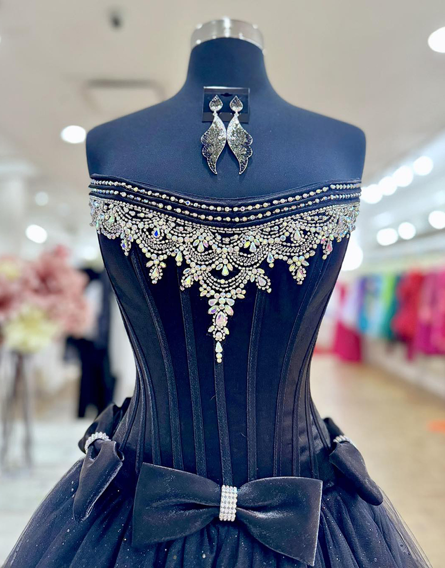 Glitter Black Corset Beaded Tulle Long A-Line Prom Dress with Bows