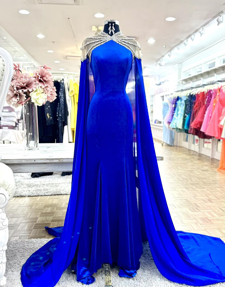 Berlinnova Women Sparkly Royal Blue Beaded Long Prom Dress with Cape Mermaid Satin High Neck Gala Dress