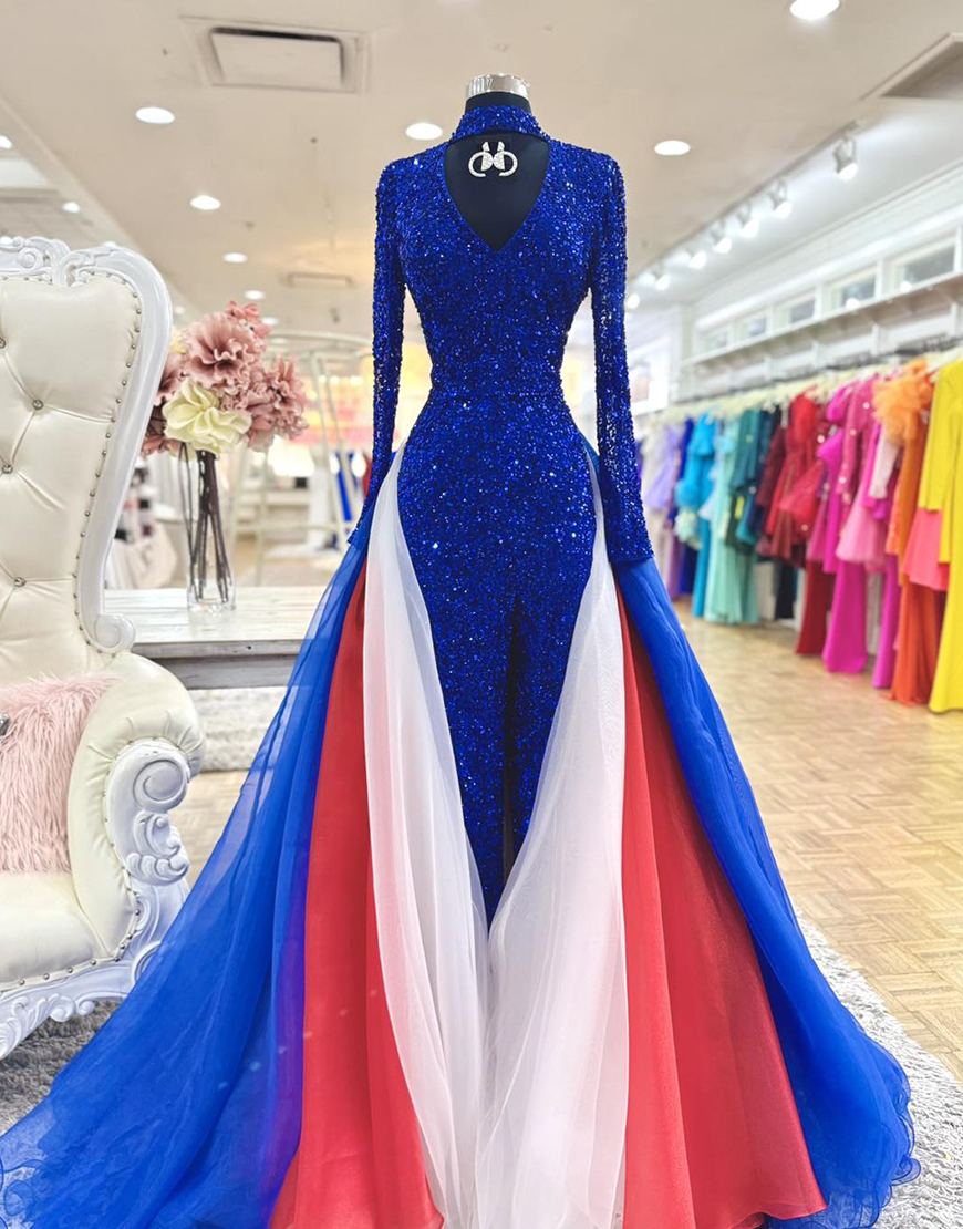 Berlinnova Women Sparkly Royal Blue Sequins Prom Dress with Slit High Neck Keyhole Long Sleeves Homecoming Dress with Cape