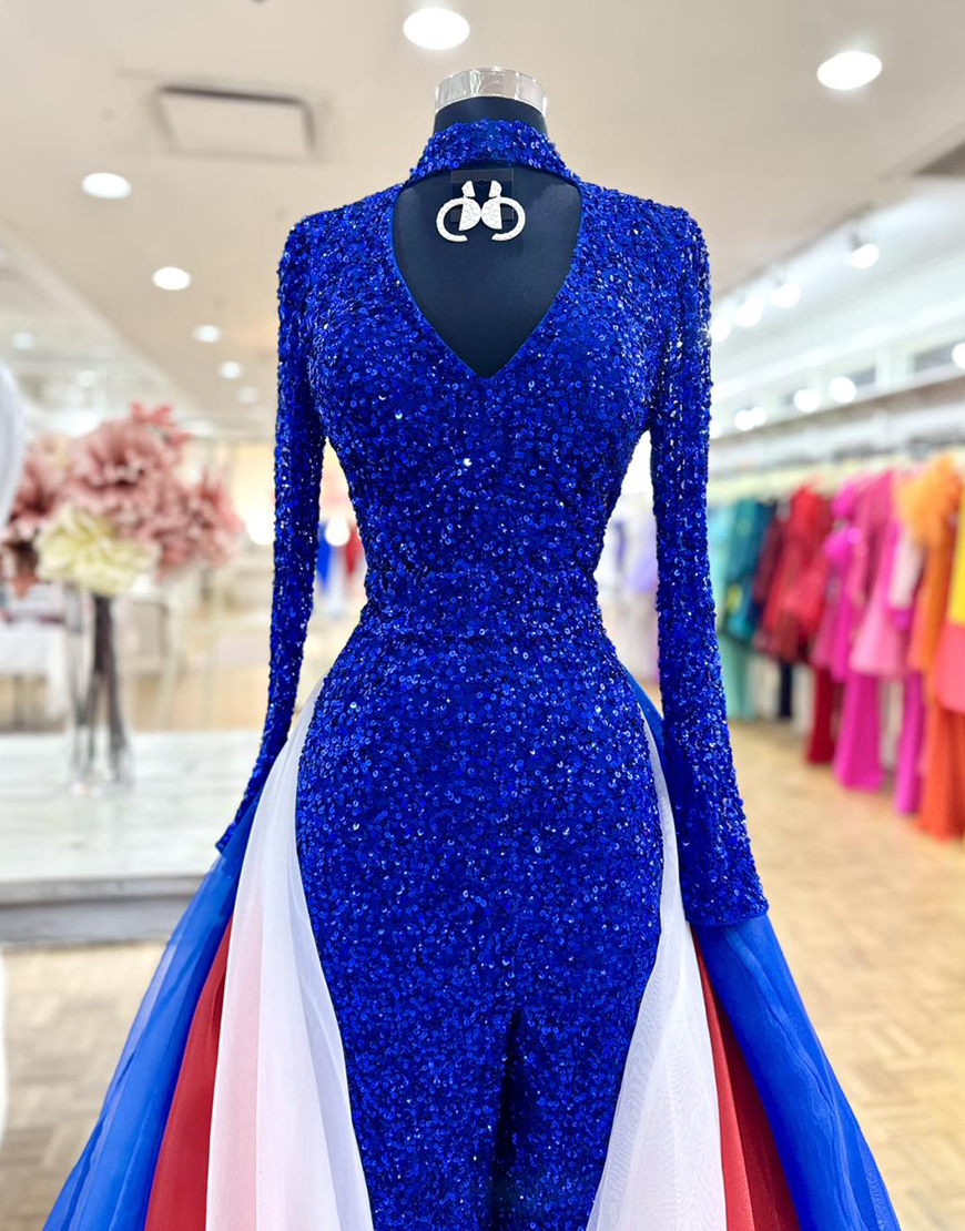 Sparkly Sequins Royal Blue Long Sleeves Prom Jumpsuits with Cape