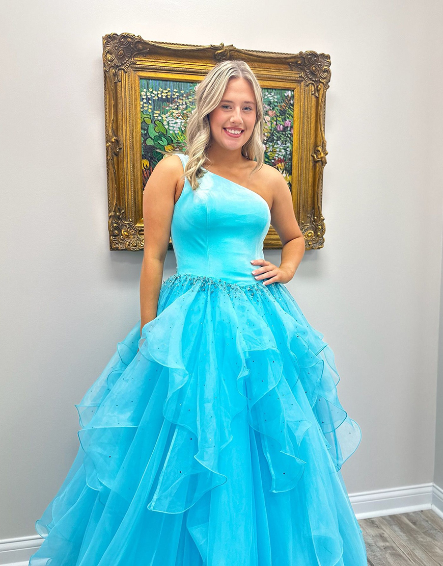Sparkly Blue Ruffled One Shoulder A-Line Long Prom Dress with Beading