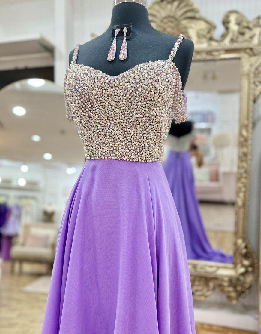Sparkly Lavender Beaded Spaghetti Straps A-Line Long Prom Dress