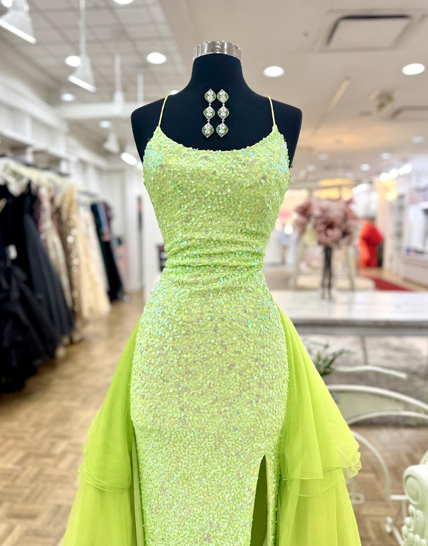 Sparkly Green Mermaid Spaghetti Straps Sequins Long Prom Dress with Cape