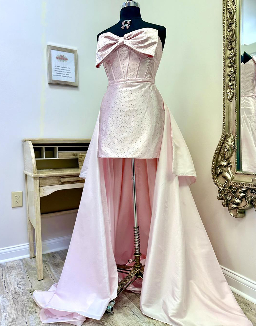 Sparkly Pink Beaded Corset Tight Short Prom Dress with Bow