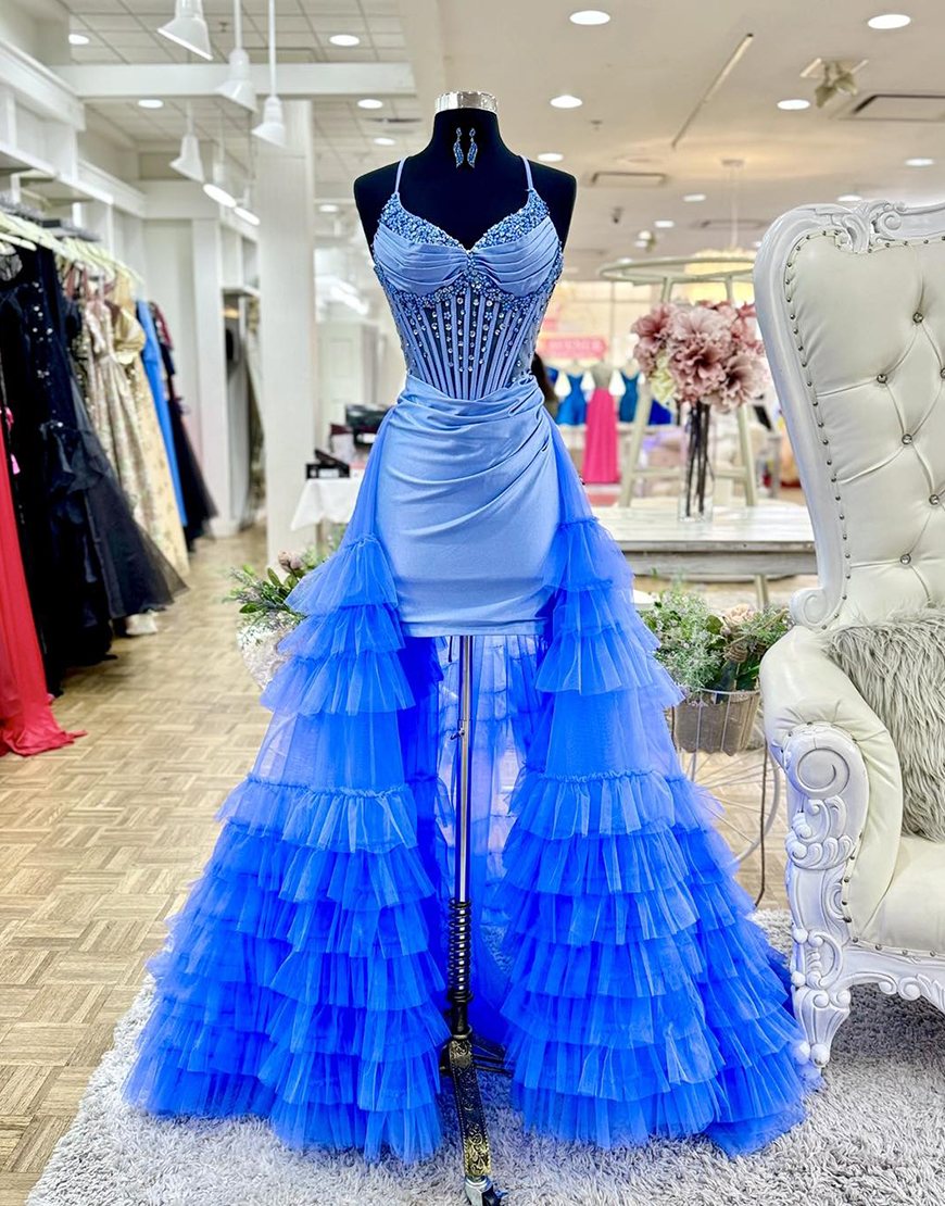 Sparkly Blue Beaded Corset Tiered Tight Short Prom Dress with Ruffles