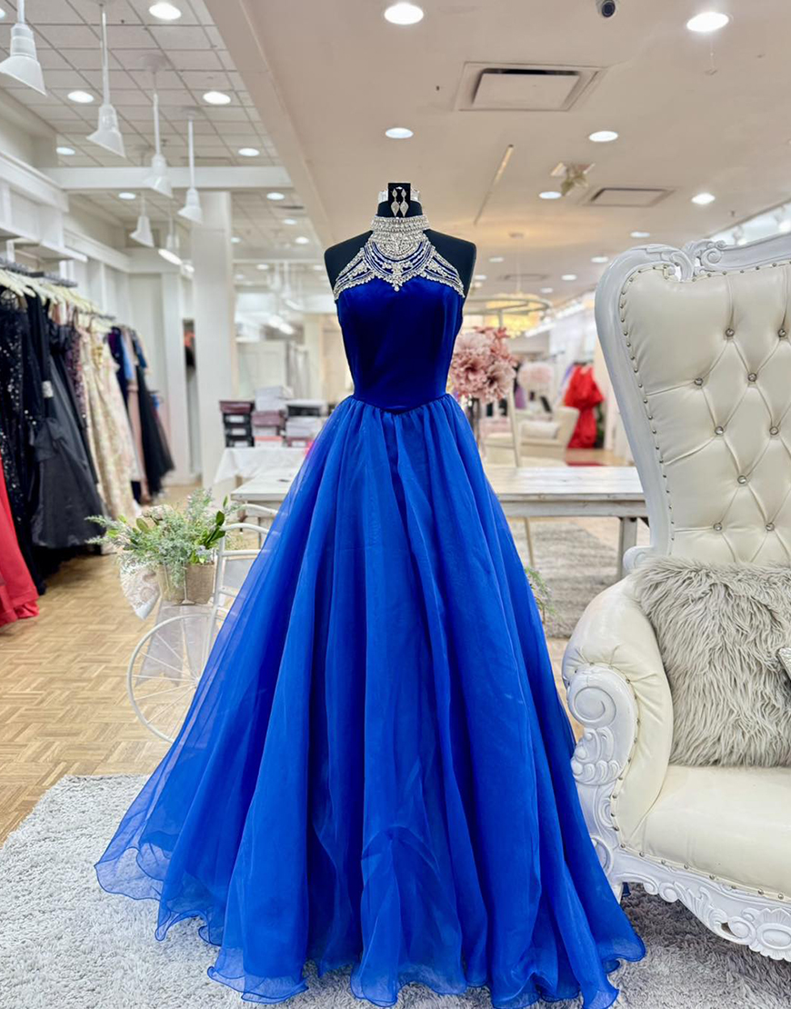 Sparkly Royal Blue Halter Neck Long A-Line Prom Dress with Rhinestones