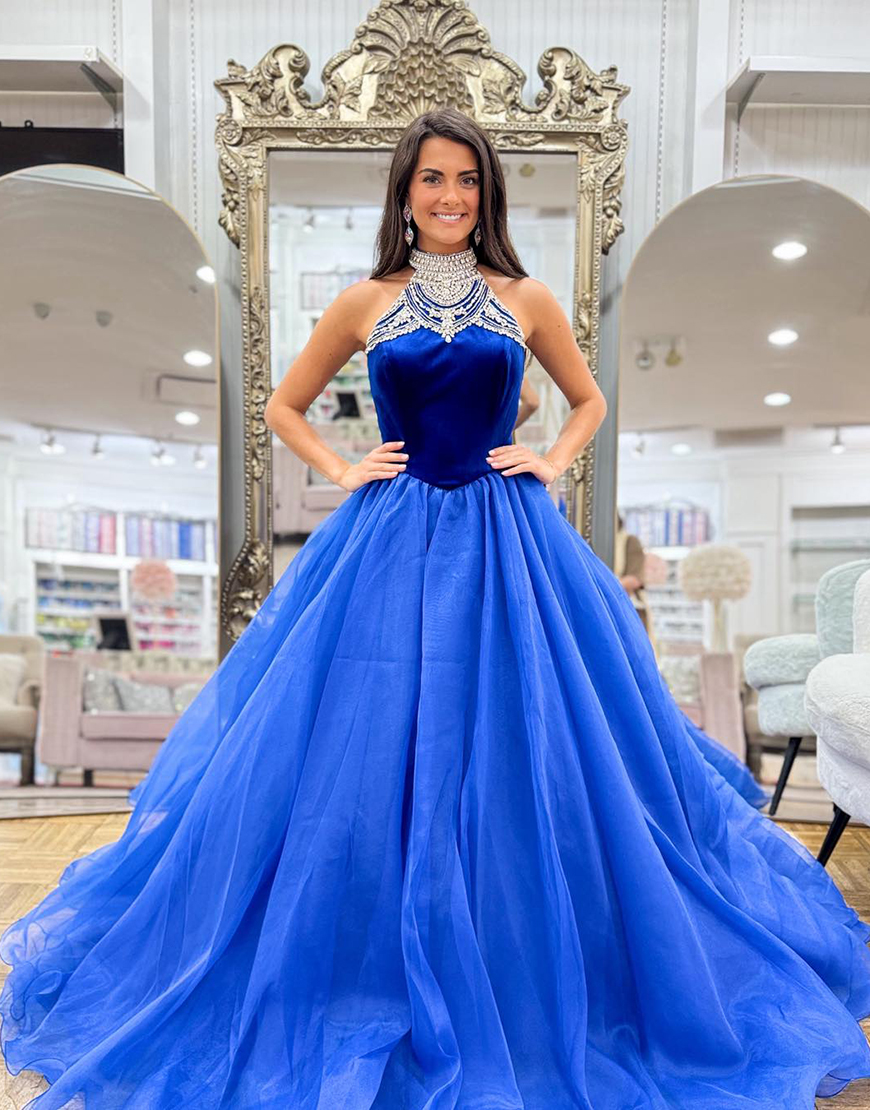 Sparkly Royal Blue Halter Neck Long A-Line Prom Dress with Rhinestones