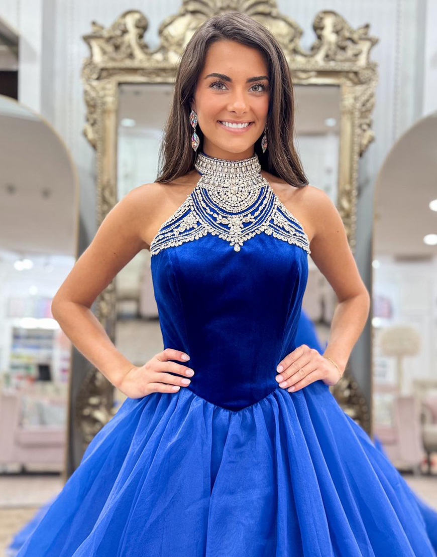 Sparkly Royal Blue Halter Neck Long A-Line Prom Dress with Rhinestones