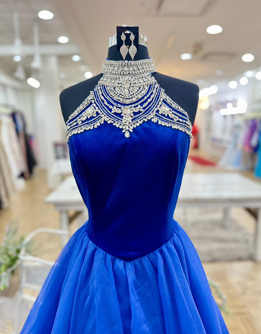 Sparkly Royal Blue Halter Neck Long A-Line Prom Dress with Rhinestones