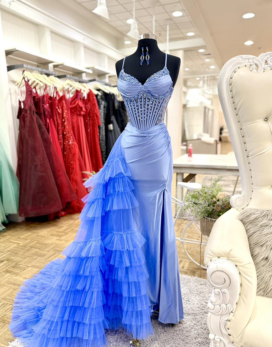 Berlinnova Women Sparkly Blue Satin Beaded Corset Long Prom Dress with Side Cape Tiered Ruffled Mermaid Spaghetti Straps Pageant Dress with Slit