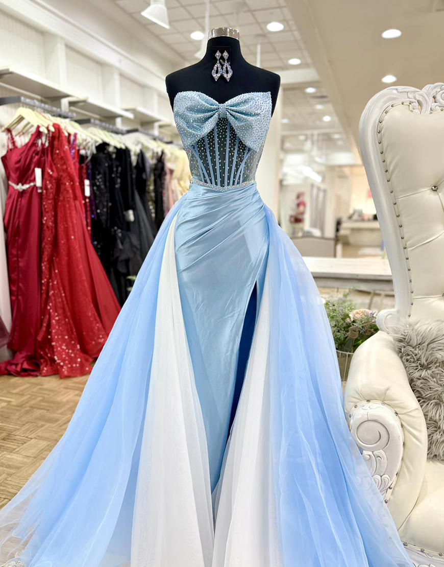 Sparkly Blue Mermaid Beaded Sweetheart Long Corset Prom Dress with Slit