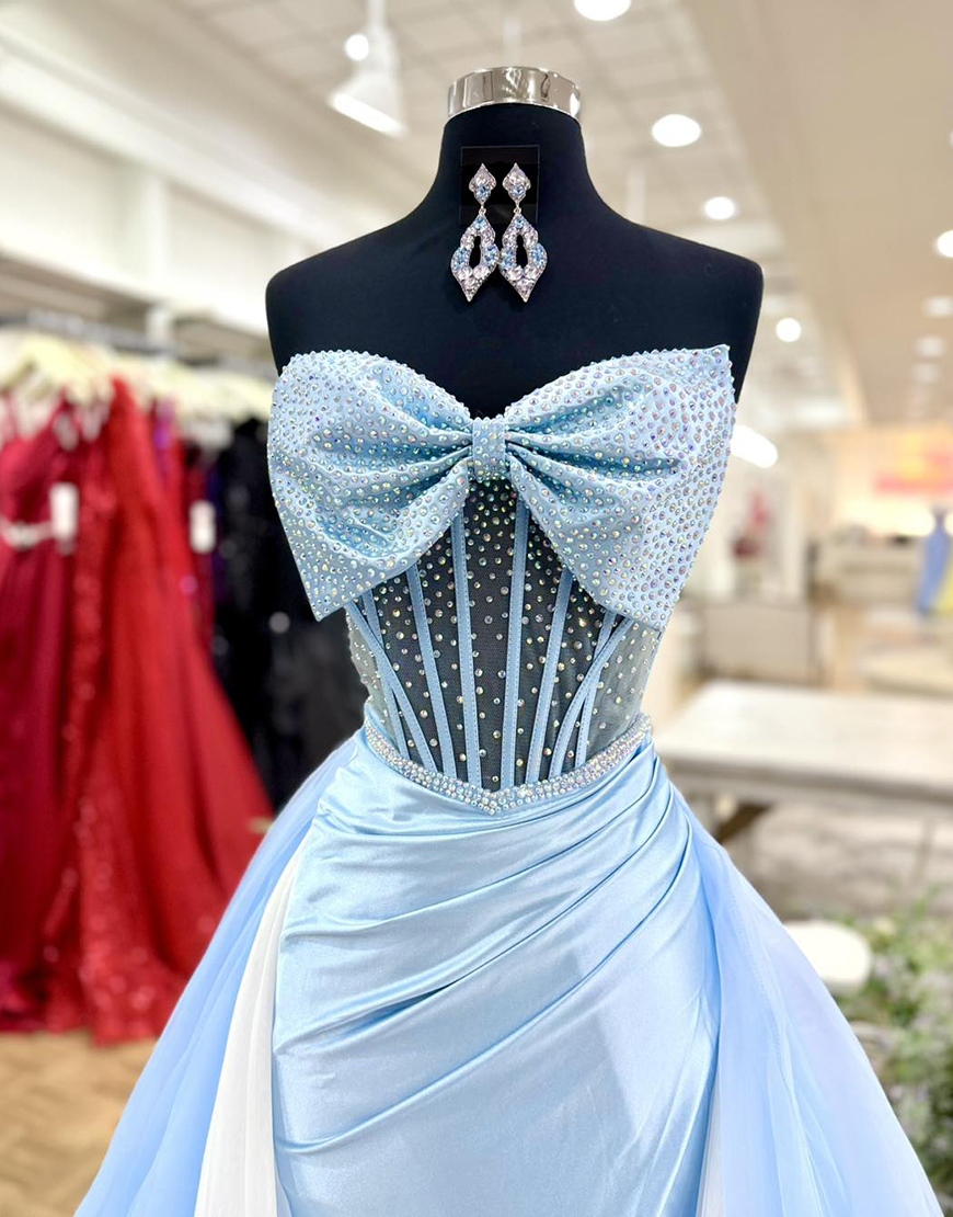 Sparkly Blue Mermaid Beaded Sweetheart Long Corset Prom Dress with Slit