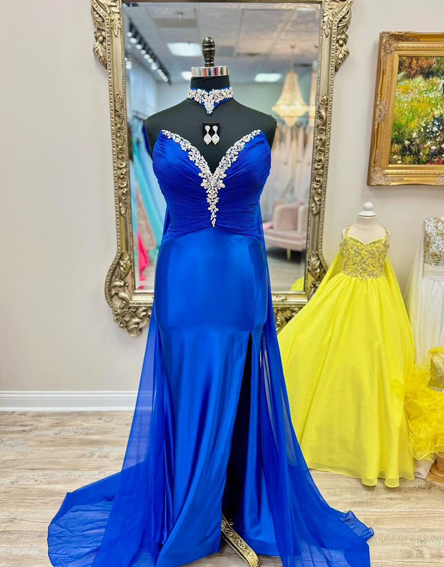Sparkly Royal Blue Mermaid Beaded Sweetheart Long Prom Dress with Cape
