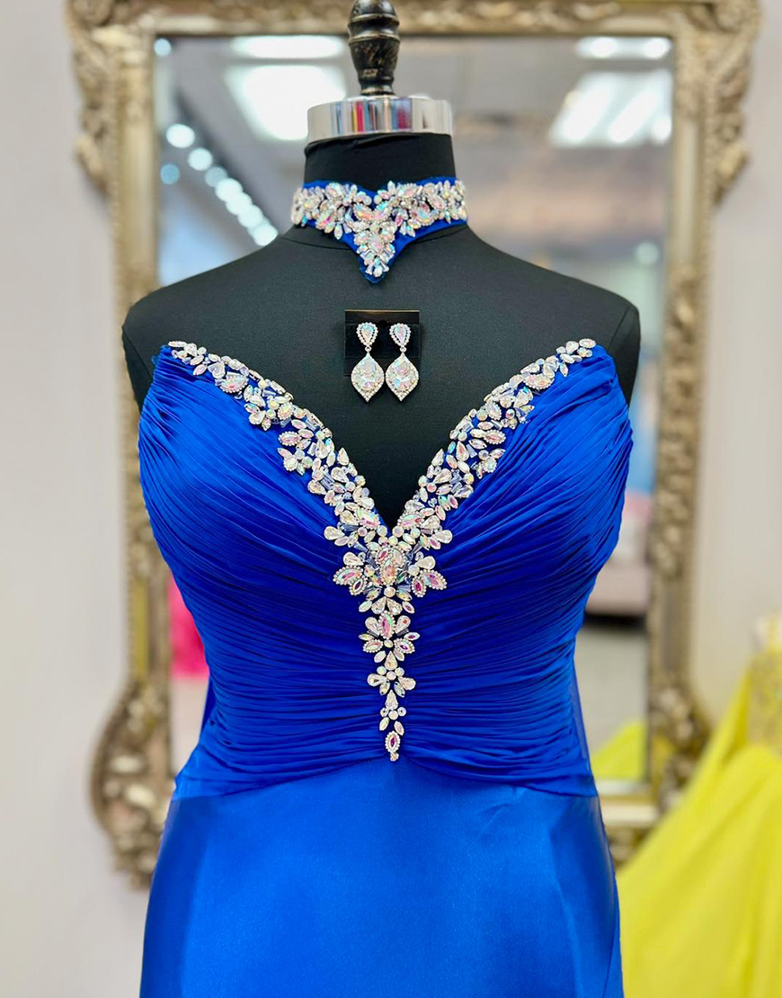 Sparkly Royal Blue Mermaid Beaded Sweetheart Long Prom Dress with Cape