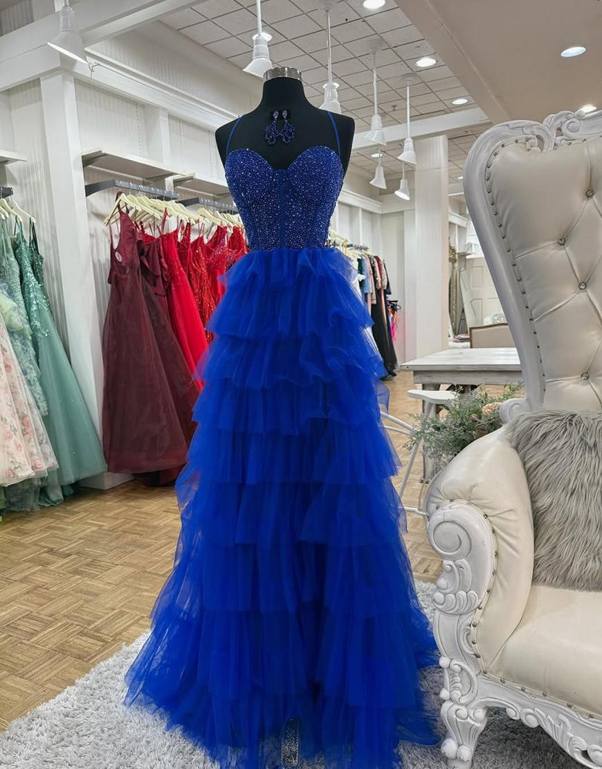 Sparkly Royal Blue Corset Tiered Beaded Long A-Line Prom Dress with Ruffles