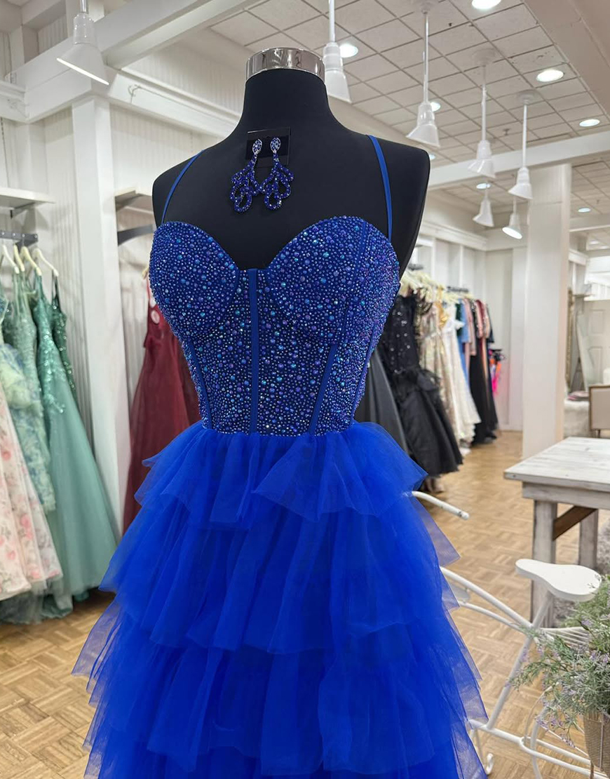 Sparkly Royal Blue Corset Tiered Beaded Long A-Line Prom Dress with Ruffles