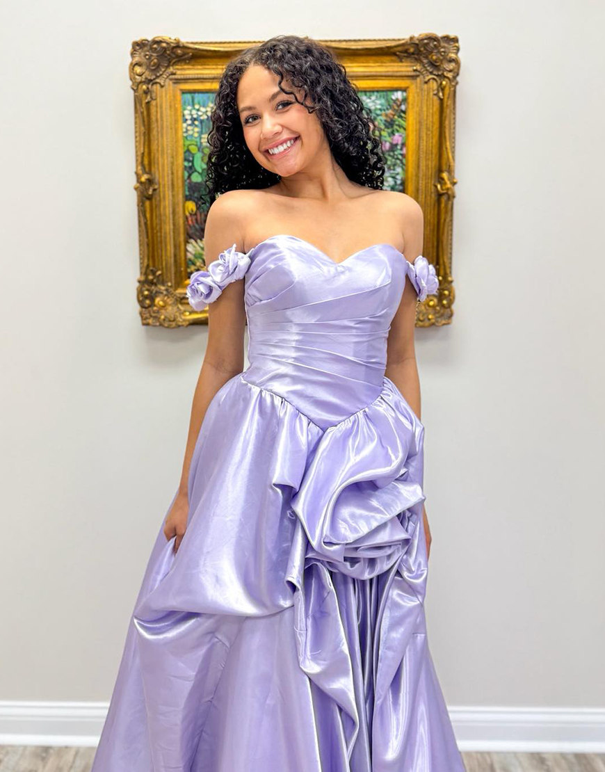 Lilac Off the Shoulder A-Line Long Prom Dress with 3D Flowers