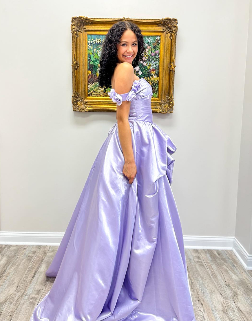 Lilac Off the Shoulder A-Line Long Prom Dress with 3D Flowers
