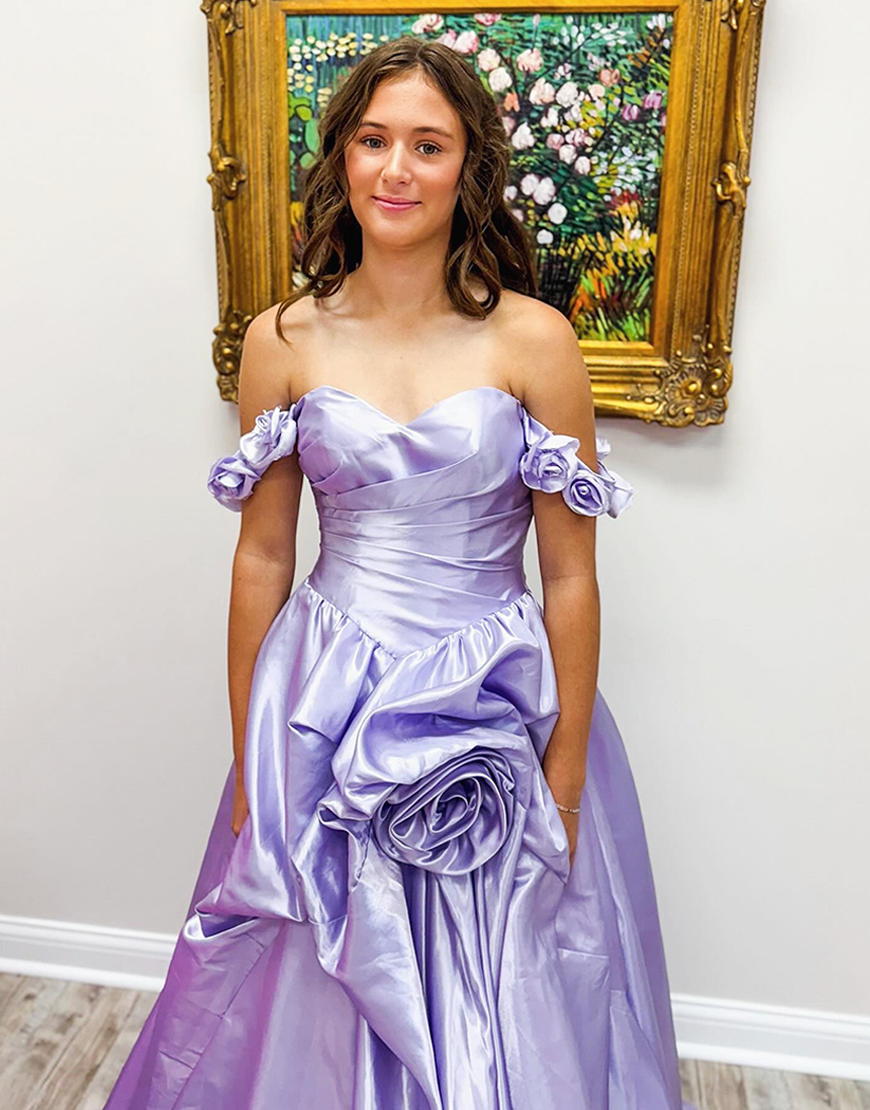 Lilac Off the Shoulder A-Line Long Prom Dress with 3D Flowers