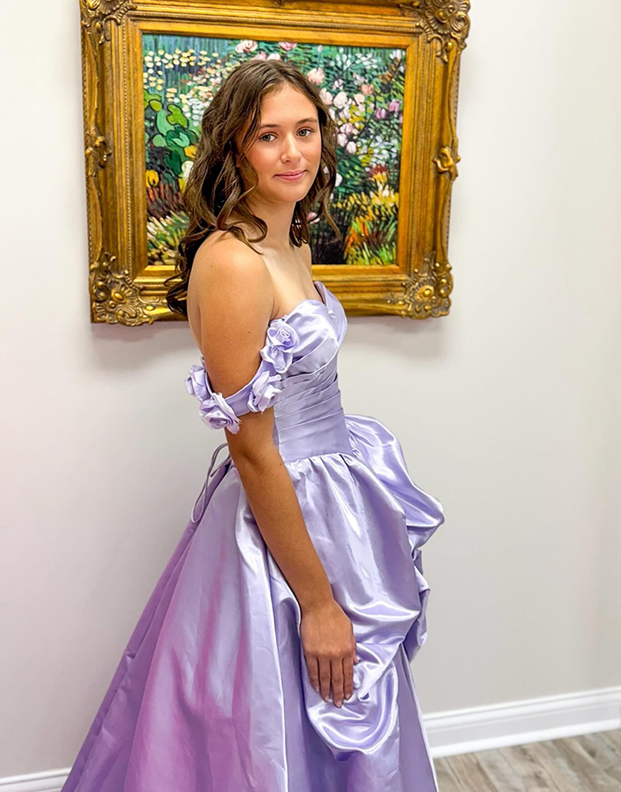 Lilac Off the Shoulder A-Line Long Prom Dress with 3D Flowers