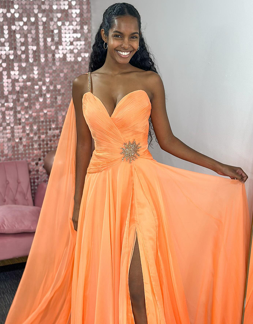 Sparkly Orange Beaded One Shoulder A-Line Long Prom Dress with Side Cape