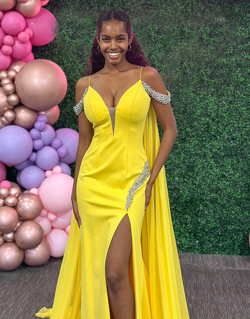 Sparkly Yellow Beaded Mermaid Cold Shoulder Long Prom Dress with Cape