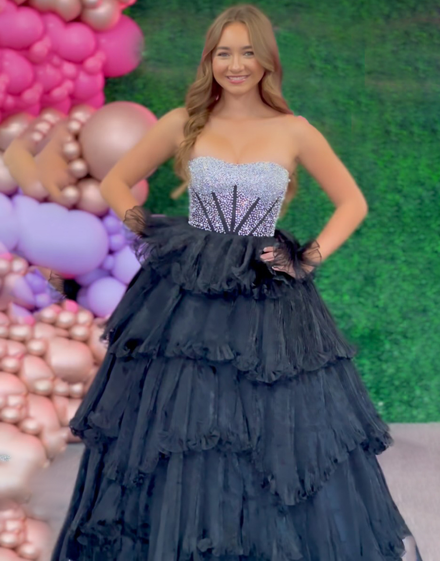 Sparkly Black Beaded Tiered Corset Strapless Long Prom Dress with Ruffles