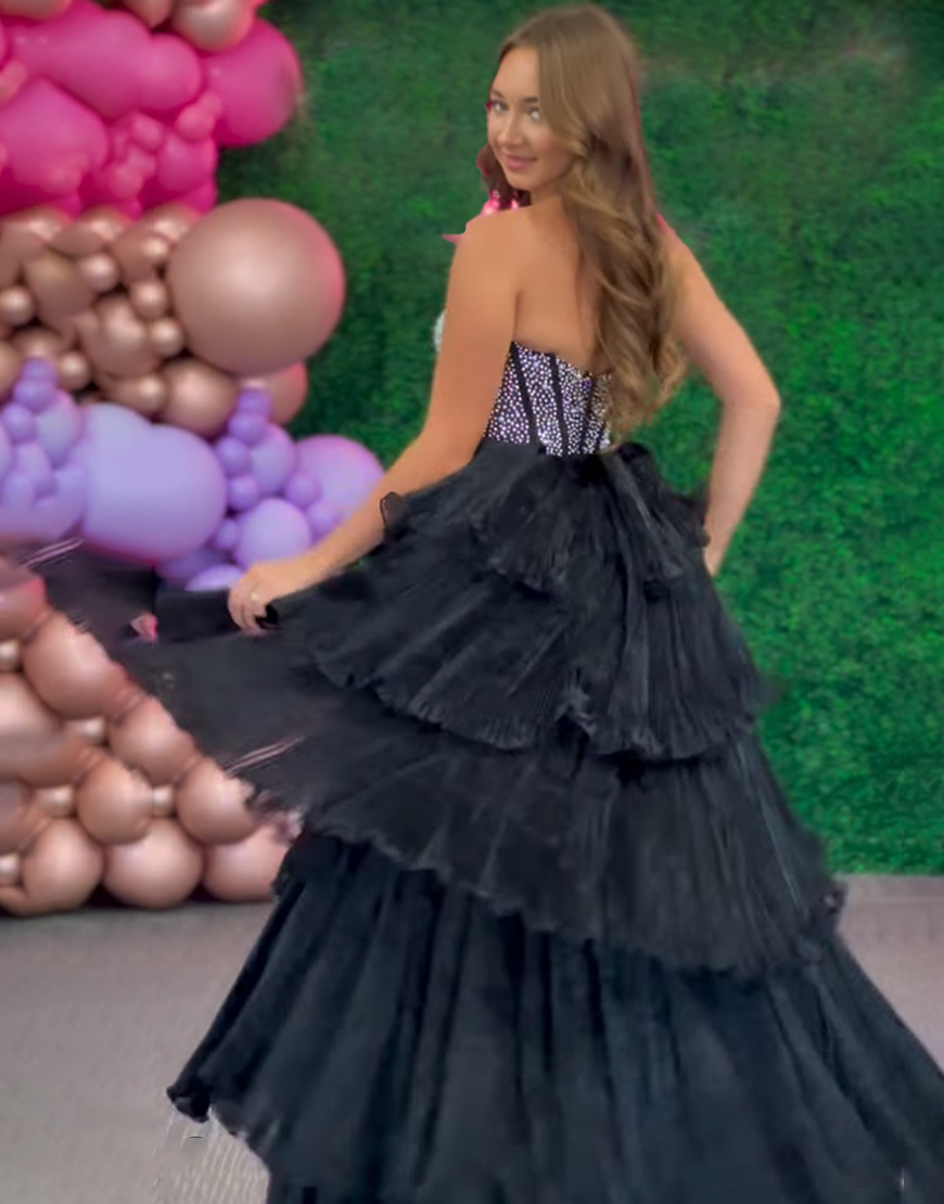Sparkly Black Beaded Tiered Corset Strapless Long Prom Dress with Ruffles