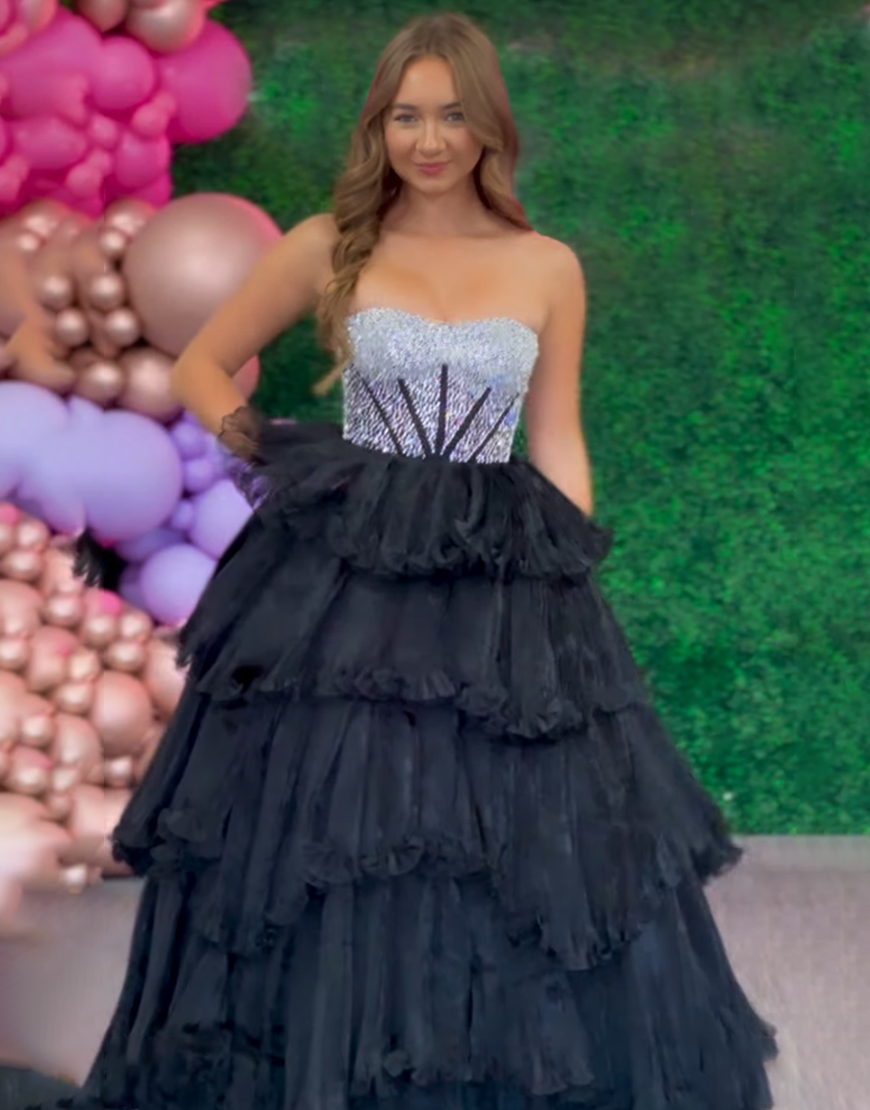 Sparkly Black Beaded Tiered Corset Strapless Long Prom Dress with Ruffles
