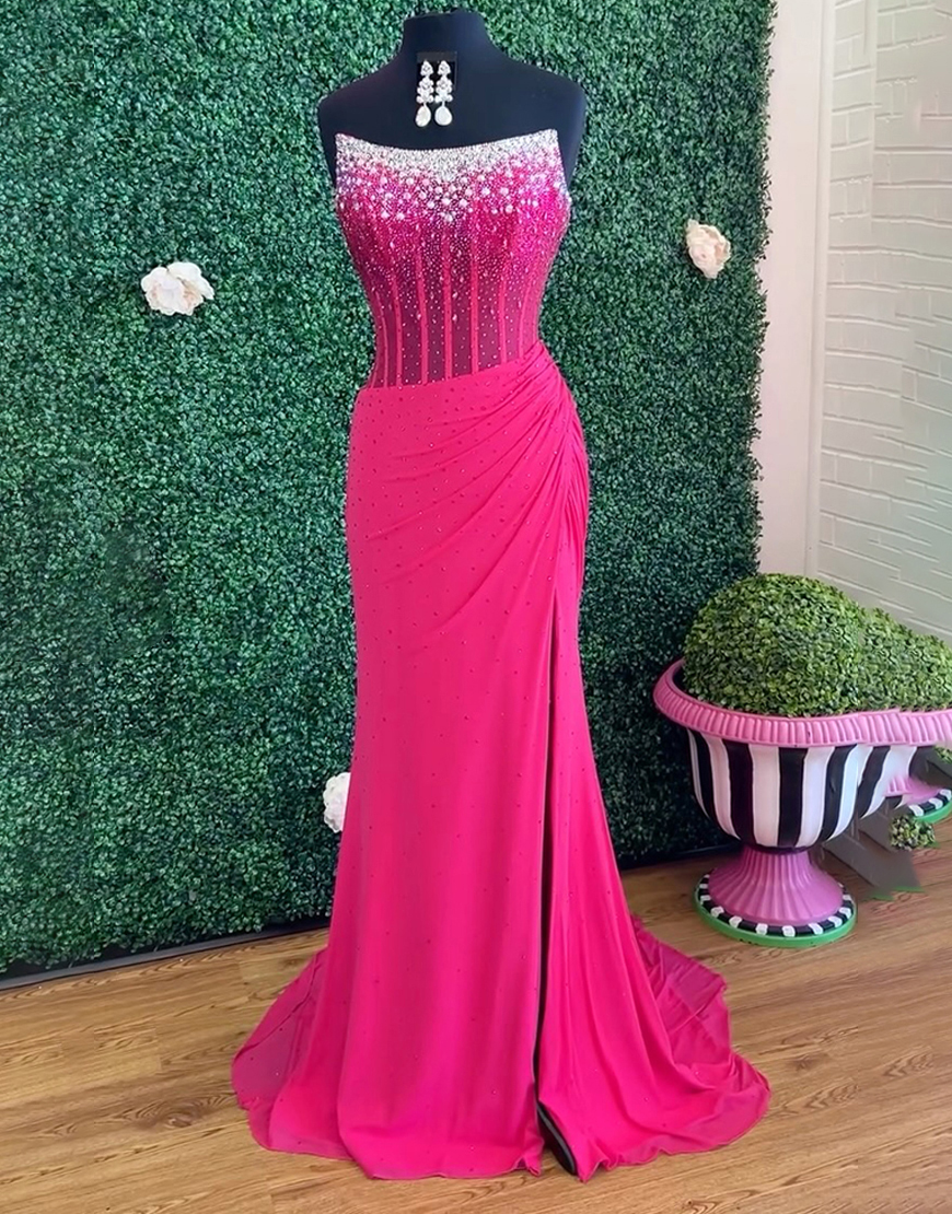 Sparkly Fuchsia Beaded Corset Mermaid Long Prom Dress with Slit