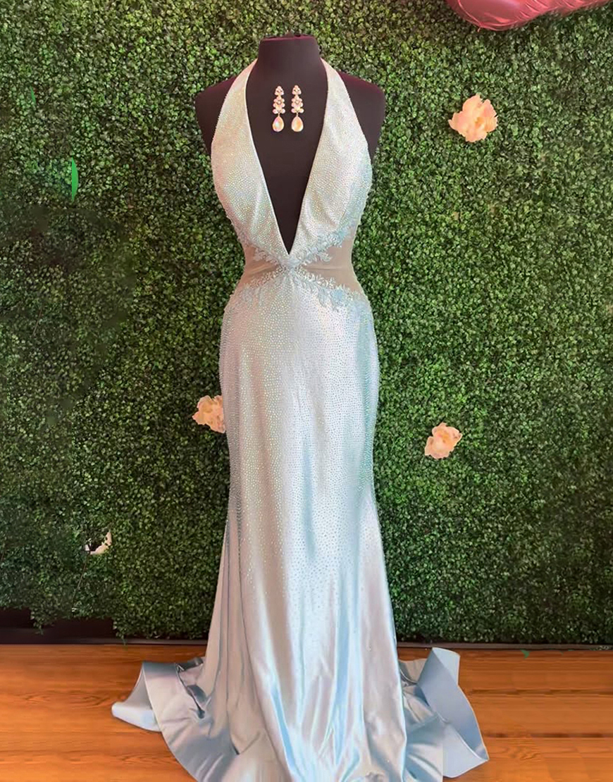 Sparkly Fuchsia Halter Mermaid Satin Long Prom Dress with Beading