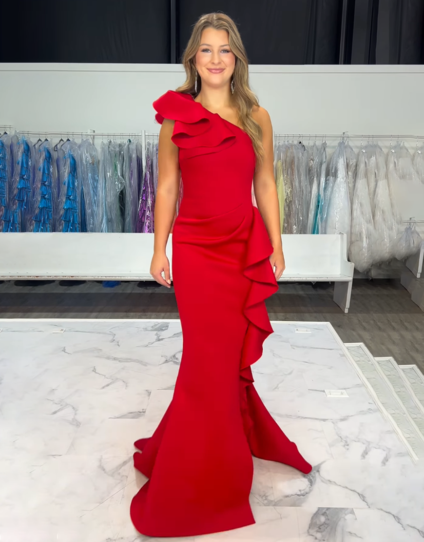 Red Mermaid Satin Ruffled One Shoulder Long Prom Dress