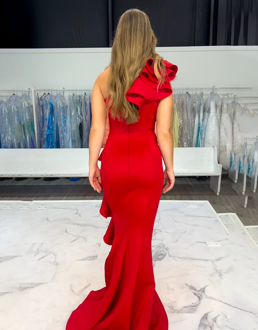 Red Mermaid Satin Ruffled One Shoulder Long Prom Dress