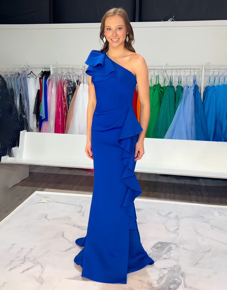 Red Mermaid Satin Ruffled One Shoulder Long Prom Dress