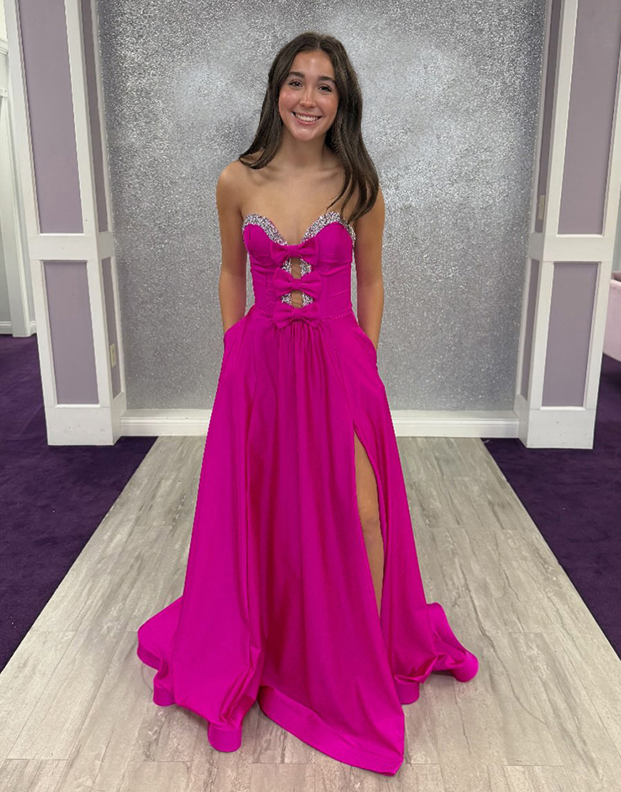 Sparkly Fuchsia A Line Sweetheart Satin Long Prom Dress with Pockets