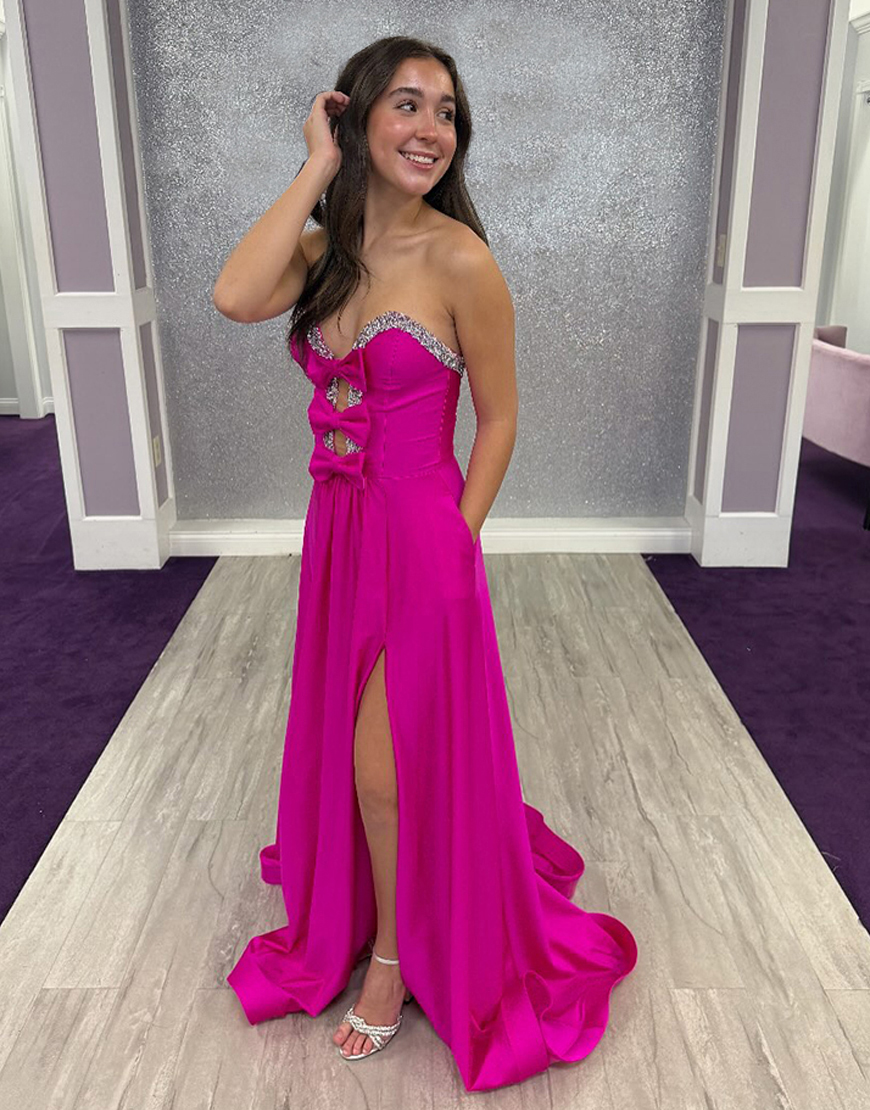 Sparkly Fuchsia A Line Sweetheart Satin Long Prom Dress with Pockets