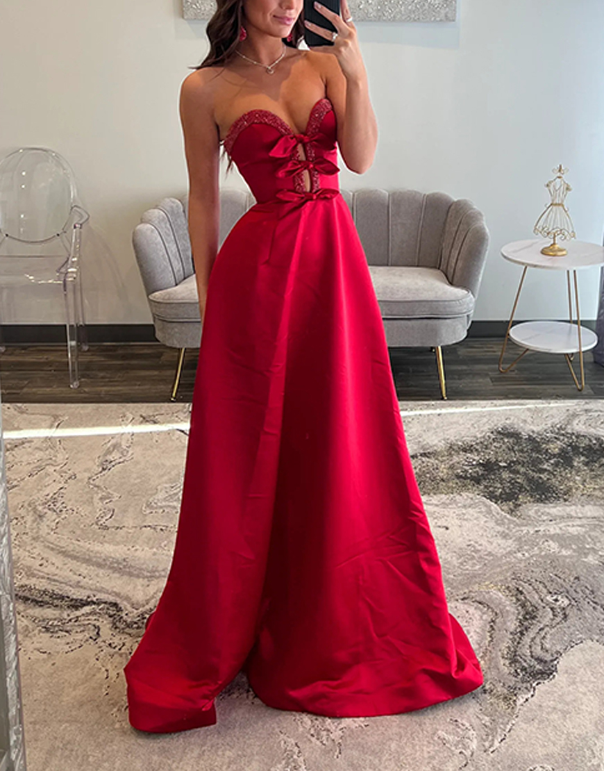 Sparkly Red Satin A Line Sweetheart Long Prom Dress with Pockets