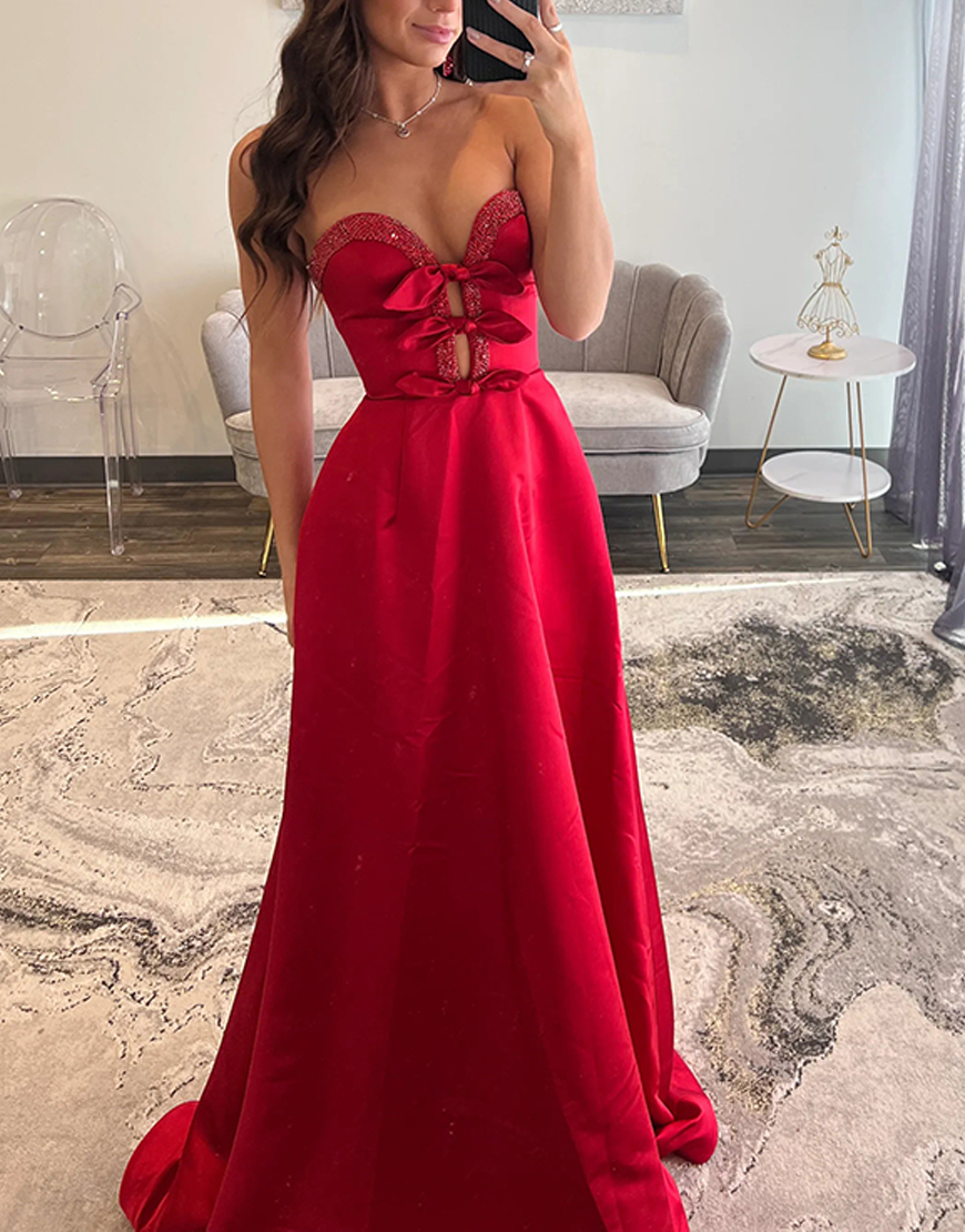 Sparkly Red Satin A Line Sweetheart Long Prom Dress with Pockets