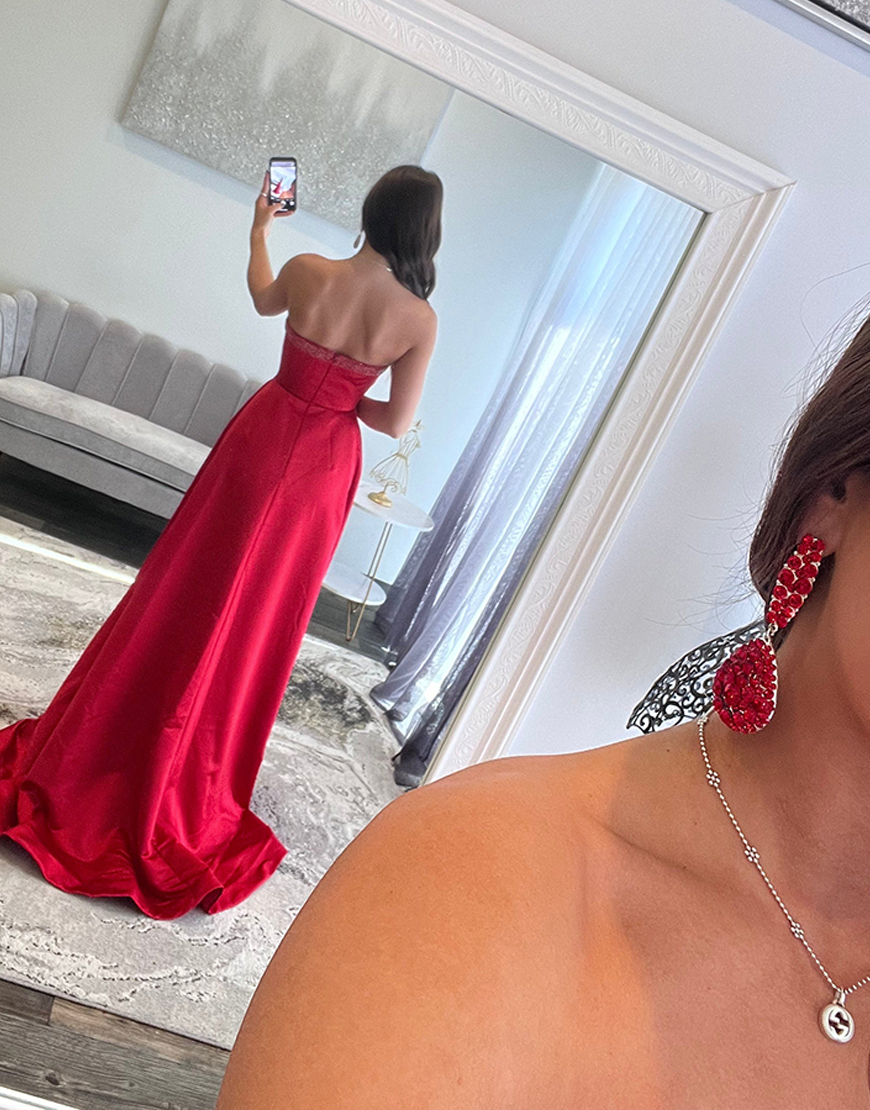 Sparkly Red Satin A Line Sweetheart Long Prom Dress with Pockets