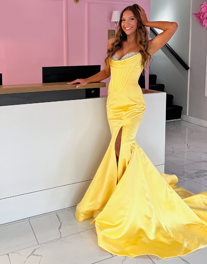 Sparkly Yellow Corset Mermaid Sweetheart Satin Long Prom Dress with Slit