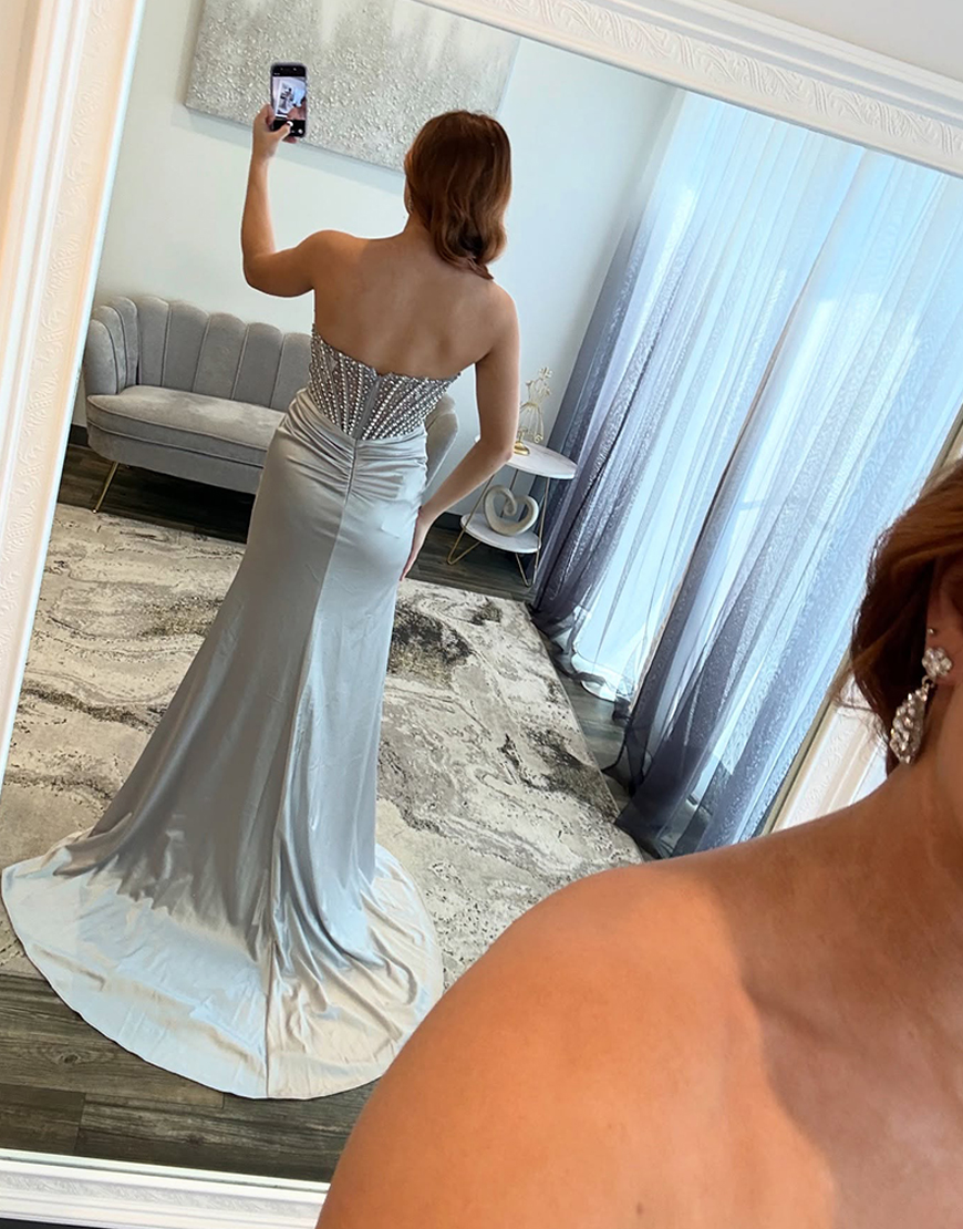 Sparkly Silver Corset Mermaid Long Beaded Satin Prom Dress with Slit