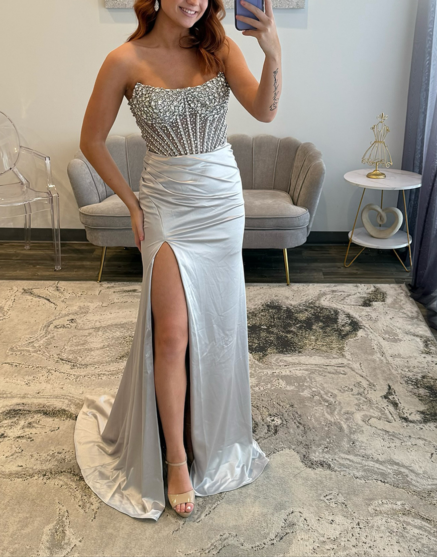 Sparkly Silver Corset Mermaid Long Beaded Satin Prom Dress with Slit