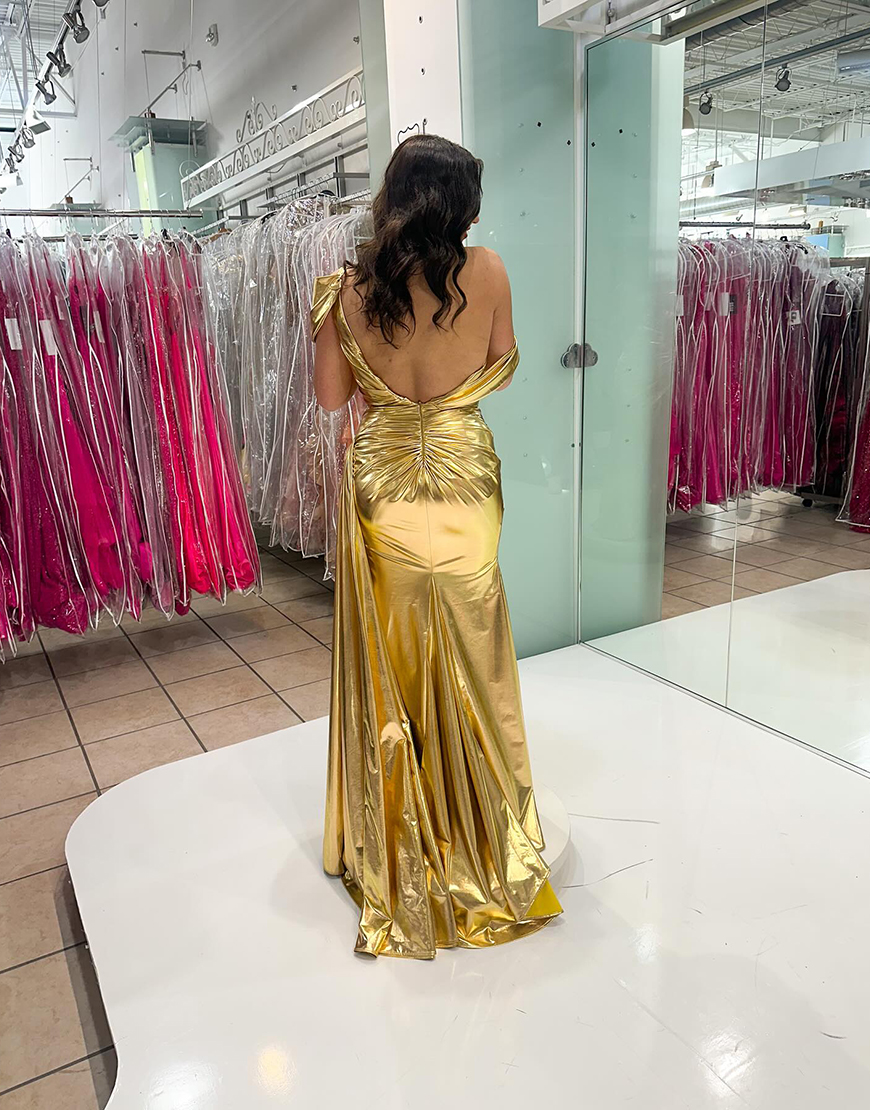 Gold Mermaid Metallic Long Ruched Prom Dress with Side Cape