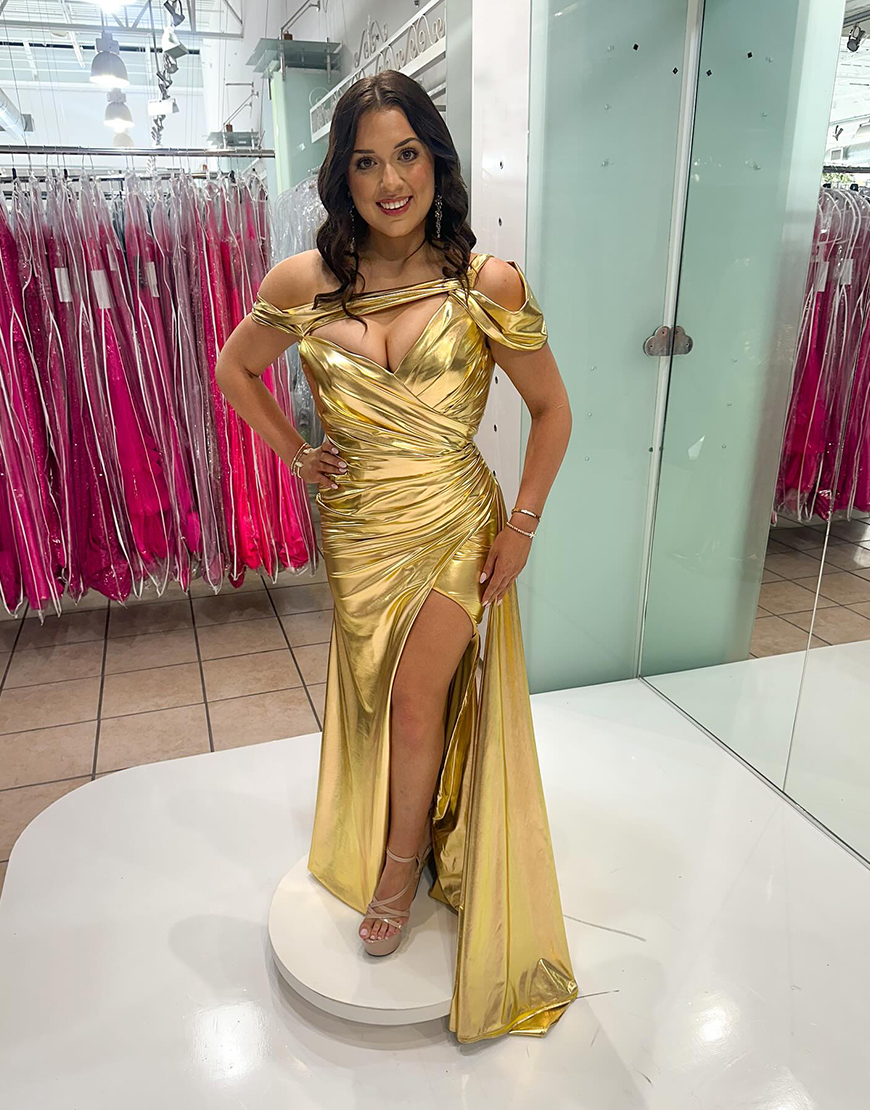 Gold Mermaid Metallic Long Ruched Prom Dress with Side Cape