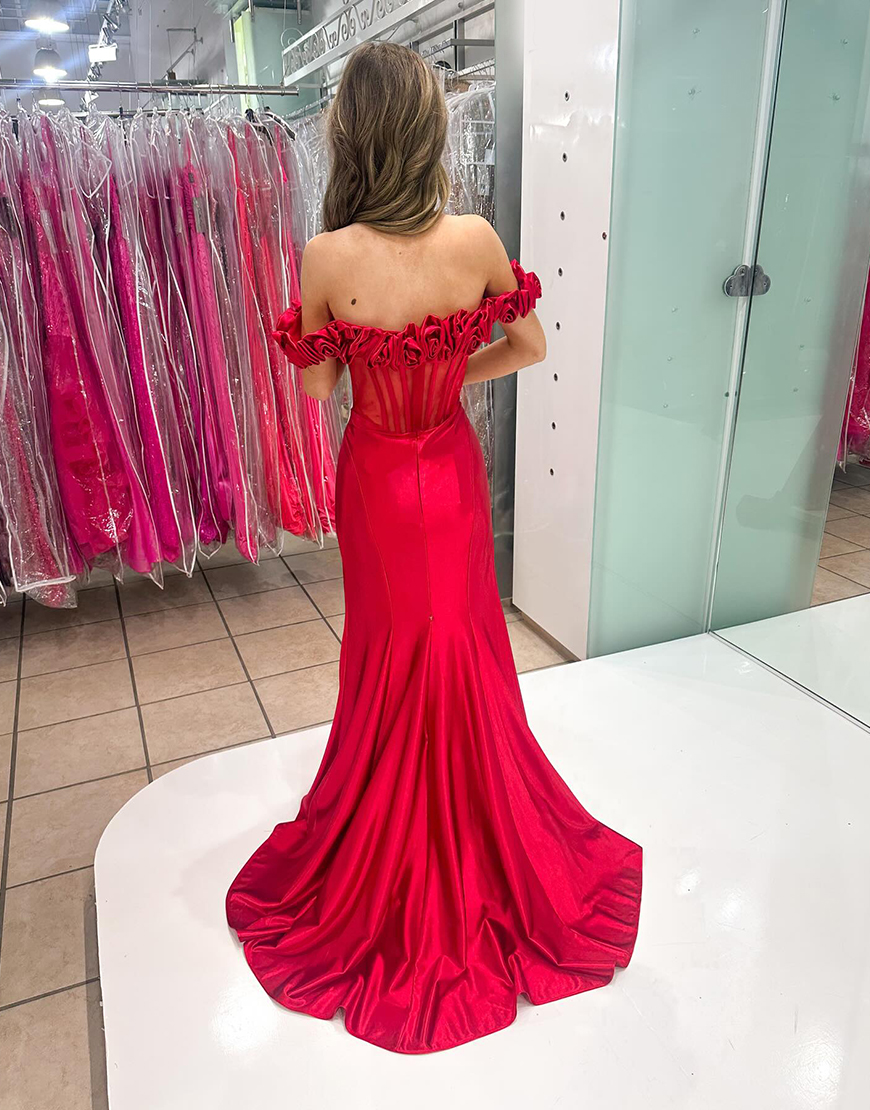 Red Floral Off the Shoulder Corset Long Satin Prom Dress with Slit