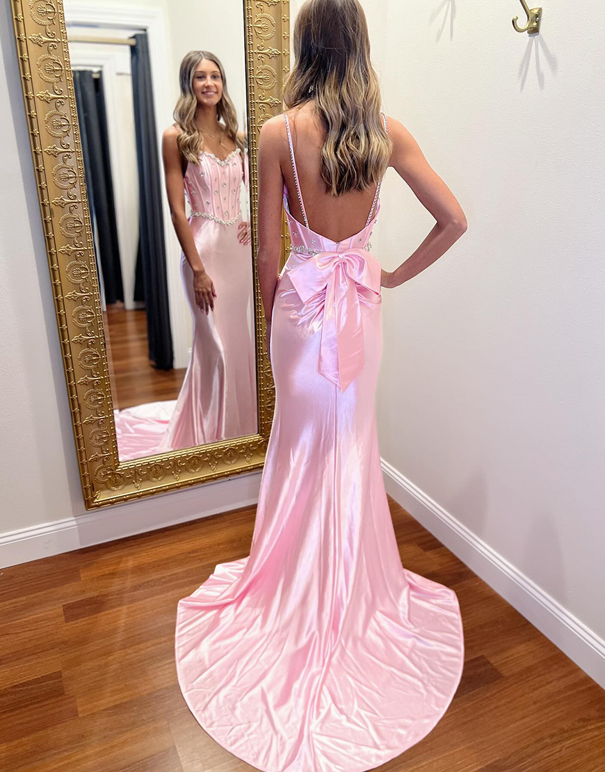 Sparkly Pink Corset Mermaid Long Satin Prom Dress with Rhinestones